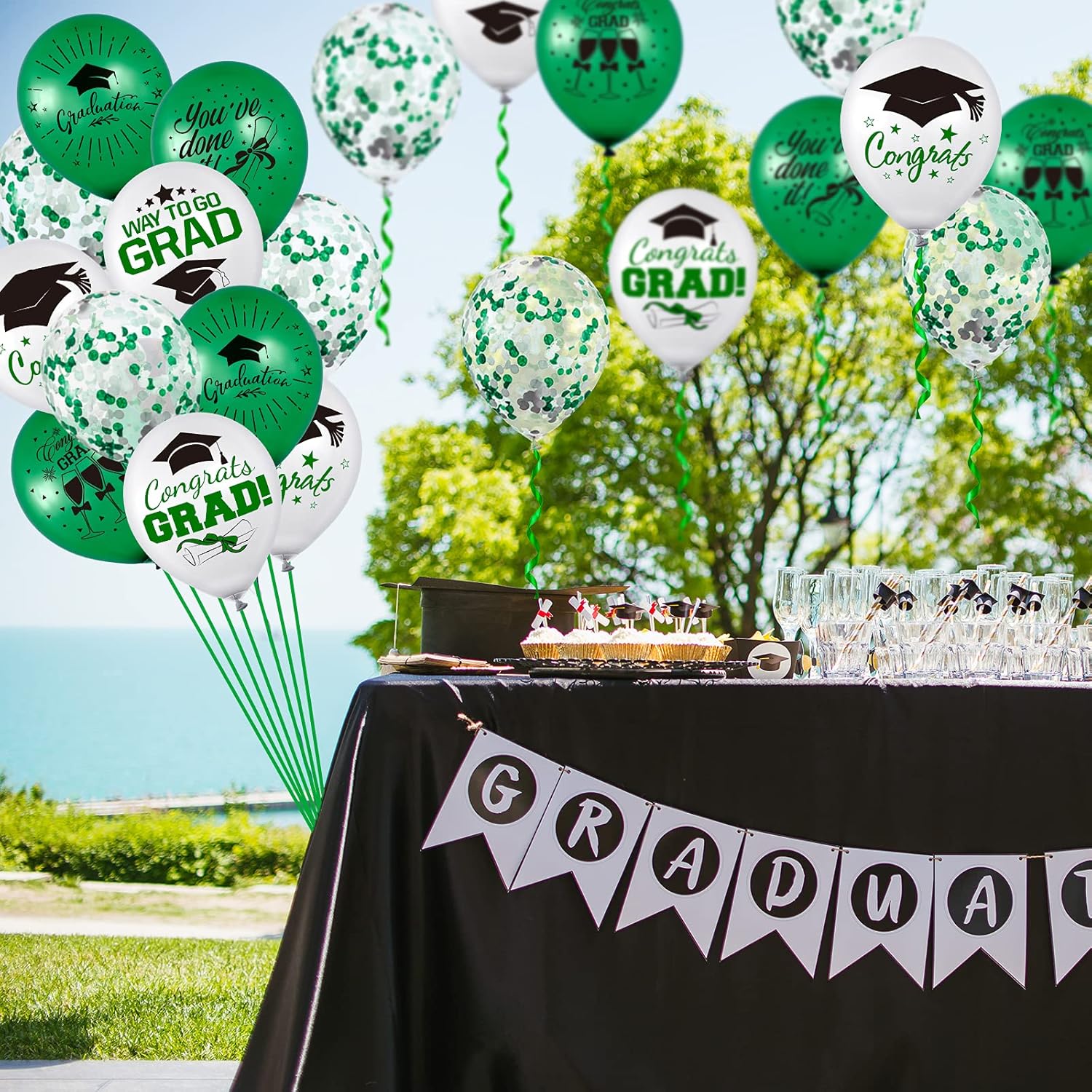 Whaline Graduation Party Balloon Set - 60 Pcs in Green & White with Confetti | Includes 2 Rolls of Ribbon
