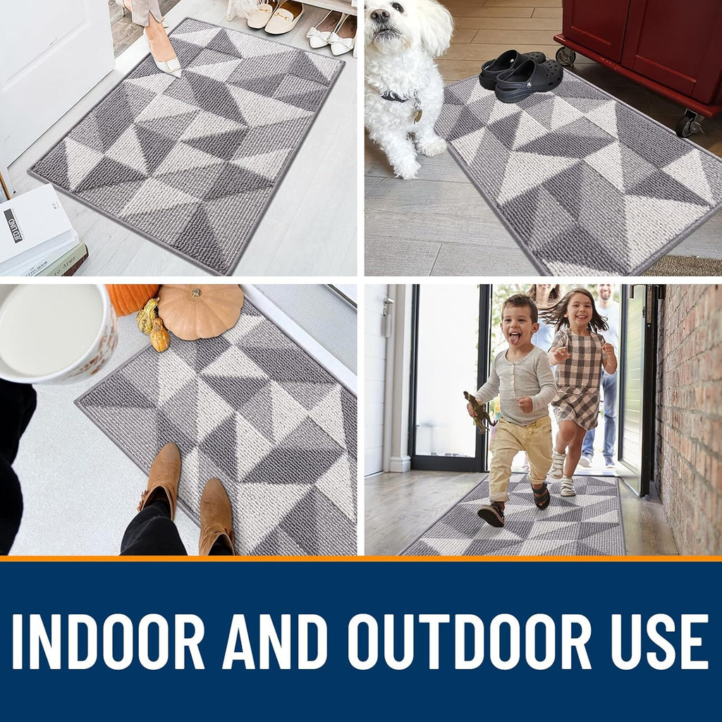 OLANLY Indoor Door Mat - Washable, Odor-Free, Low-Profile Geometric Design | 32x20 Grey Entryway Carpet