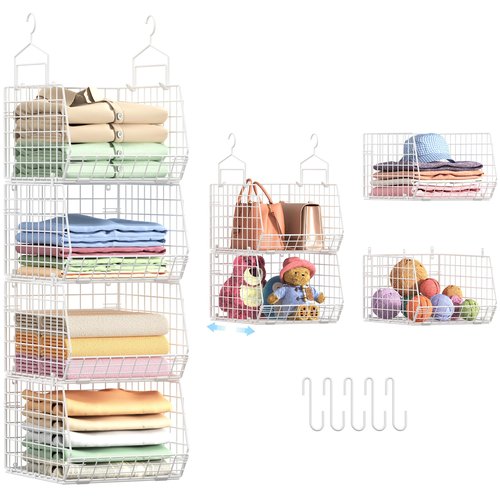 4" Extra Deeper Foldable Hanging Closet Organizer, Small Wire Cabinet Shelves and Storage with 5 S Hooks,4 Tier Metal Basket Bins for Clothes Sweaters Handbags, Wardrobe for Kitchen Laundry Room，White
