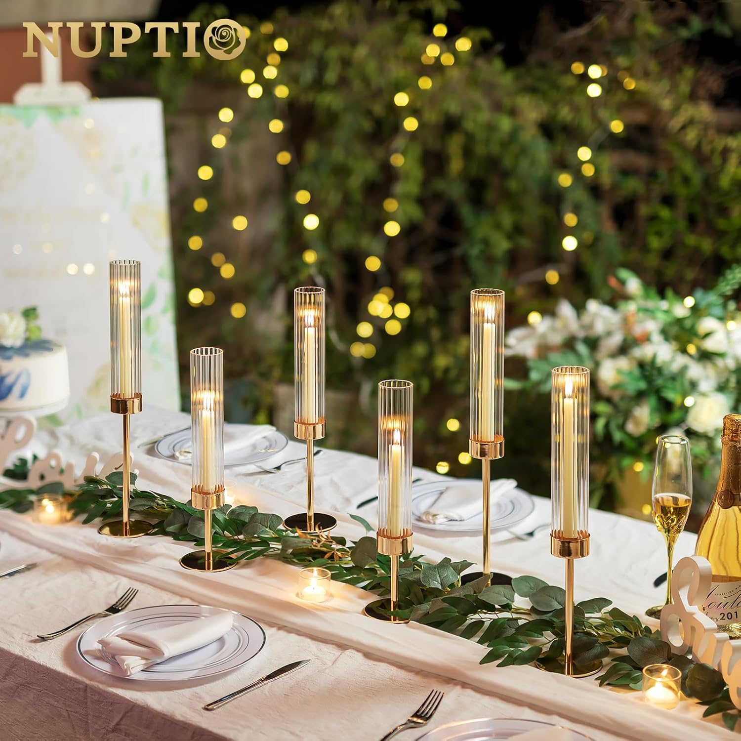 NUPTIO Tall Candlestick Holders - Elegant Hurricane Candle Holders with Ribbed Glass Sleeve | Set of 3 Gold Metal for Table & Fireplace Decor