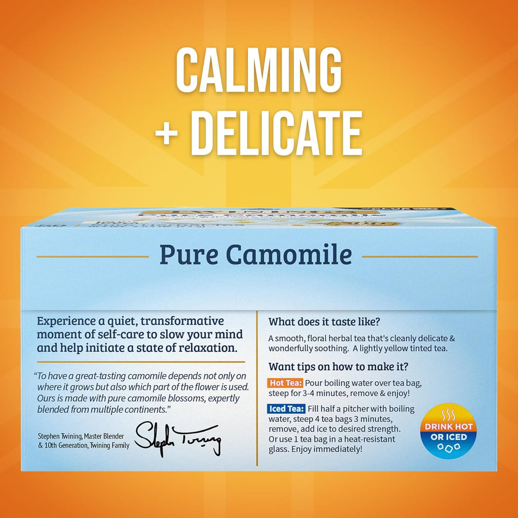 Twinings Pure Camomile Herbal Tea - Caffeine-Free, 50 Individually Wrapped Bags | Pack of 6, Perfect Hot or Iced