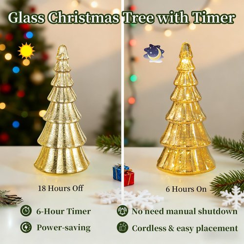 Glasseam Gold Christmas Centerpieces for Table: Set of 3 Mercury Glass Christmas Tree with Lights Tabletop Xmas Trees with Timer for Decorations Indoor Ornaments Fireplace Mantel Decor