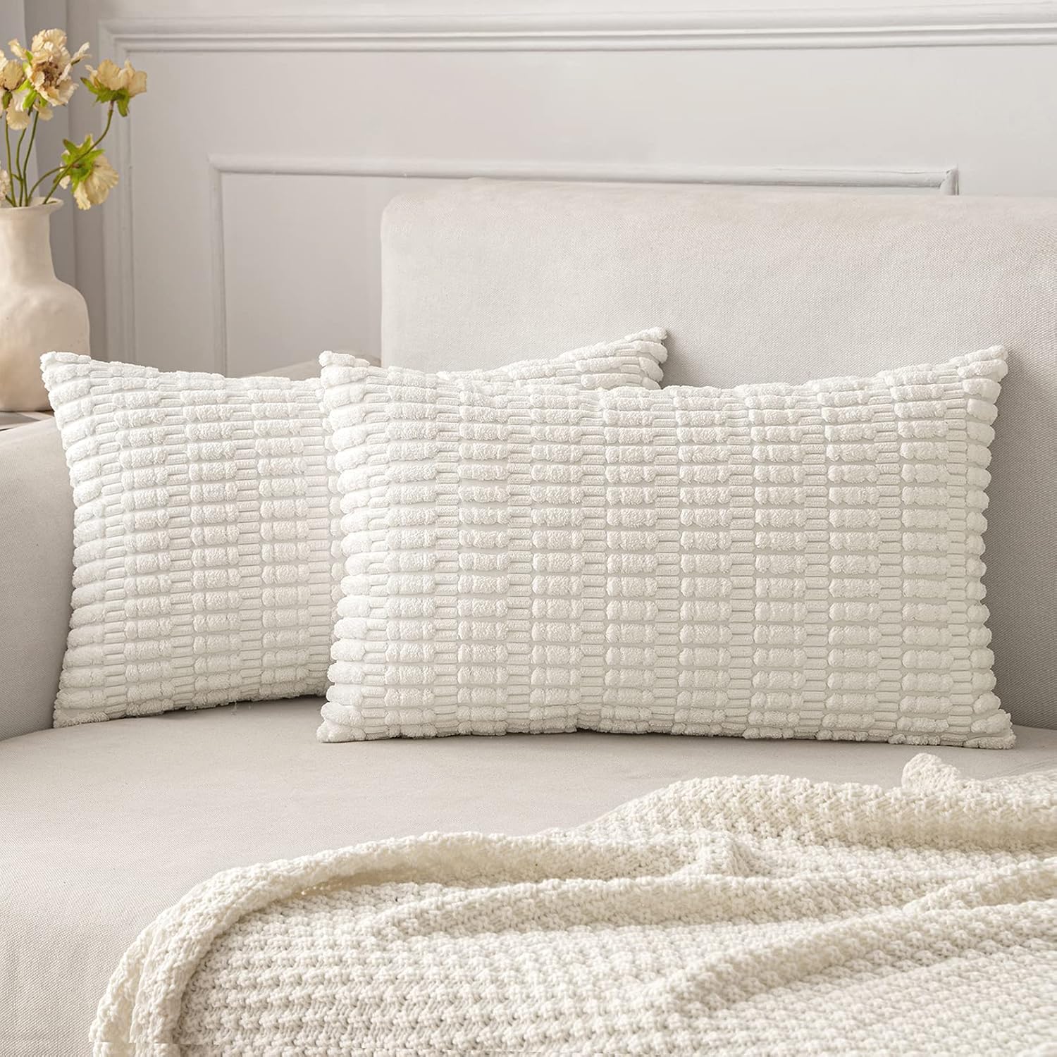MIULEE Corduroy Decorative Lumbar Pillow Covers - Soft Boho Striped Design | 20x12 Inch, Pure White