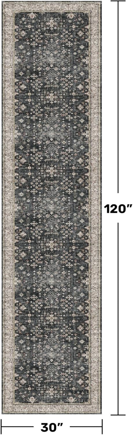 Skiennix Black Washable 10ft Long Runner Rug - Non-Slip Rubber Backing | Boho Vintage Style for Hallways & Kitchens