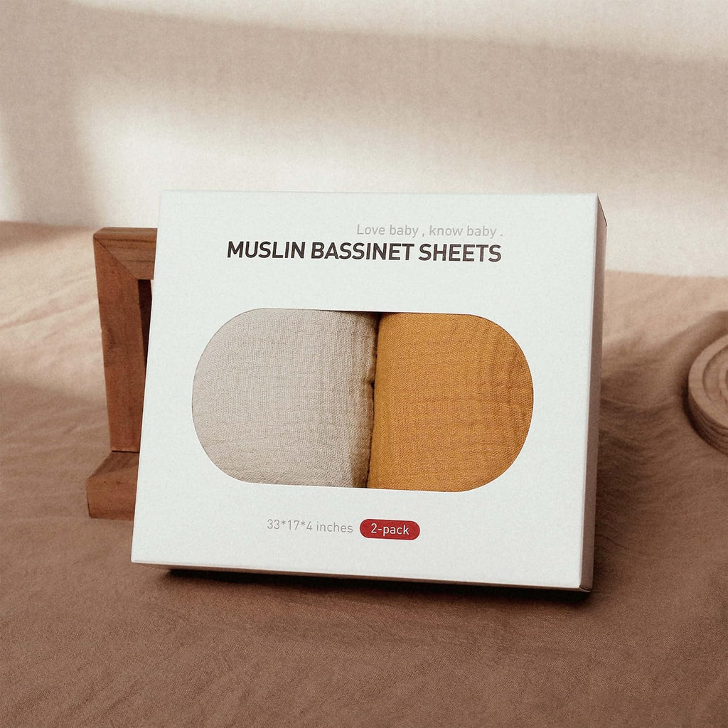 Skiennix Muslin Bassinet Fitted Sheets - Soft Breathable Cotton, 360° Elastic Fit | 2 Pack in Elegant Colors
