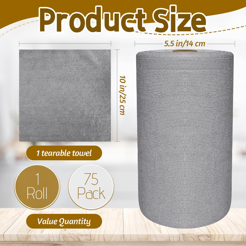 OJYUDD 75 Pack Microfiber Cleaning Cloth Roll,Reusable Tear Away Towels,Washable Ultra Absorbent Cleaning Rags for House,Car,Glass,Garage,Kitchen or Shop(Grey)