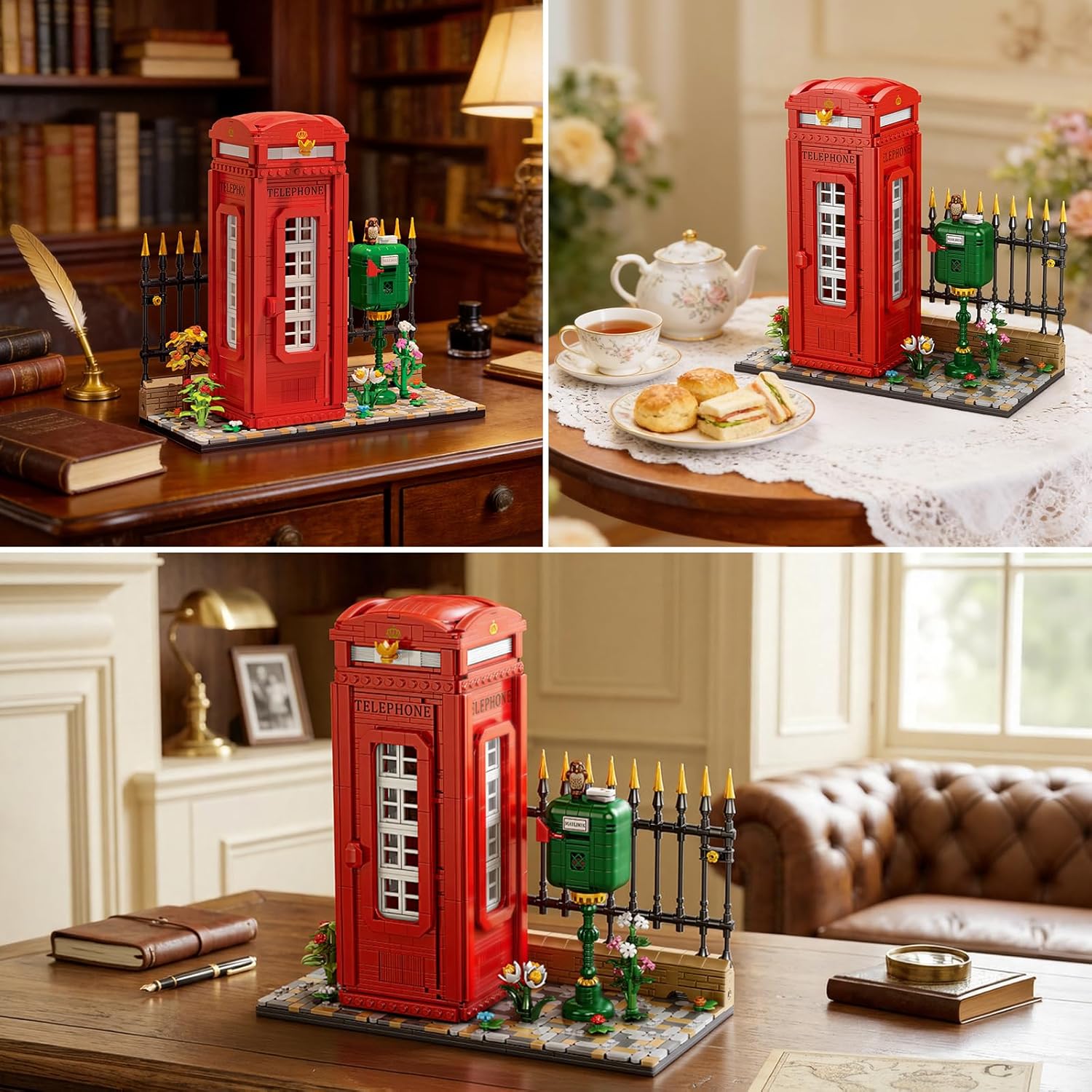 Reobrix Building Block Set - London Landmark Red Telephone Booth Model with LED Lights | 1707 PCS Retro Decor