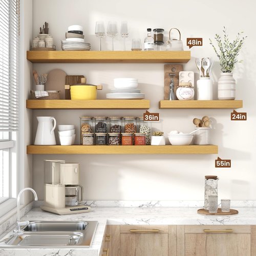 Heimlove 16-Inch Floating Shelves - Wall-Mounted Oak Wood Shelves for Bathroom, Bedroom & Office | Set of 2