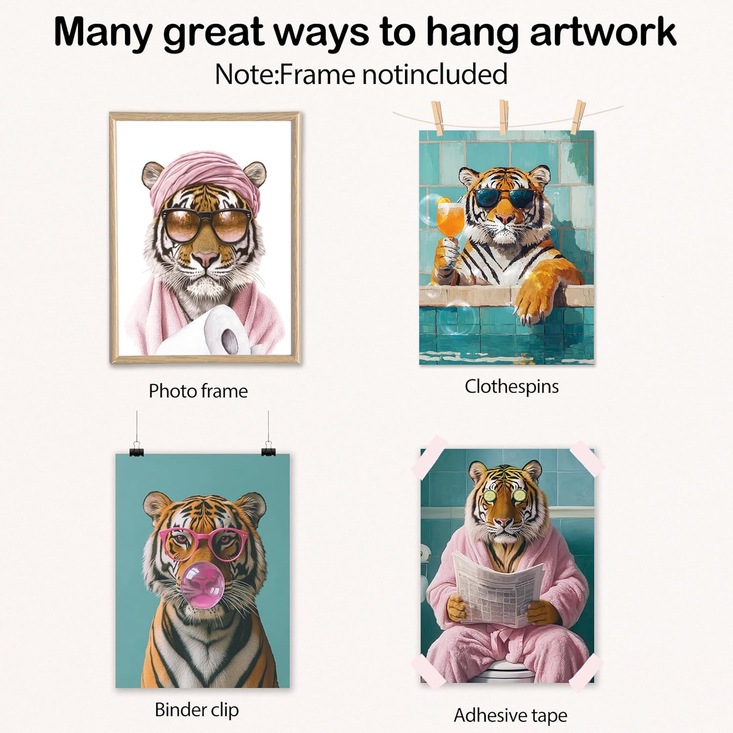 Poecinvi Pink Tiger Bathroom Wall Art Prints - Trendy 8x10 Animal Decor Set of 4 for Washroom