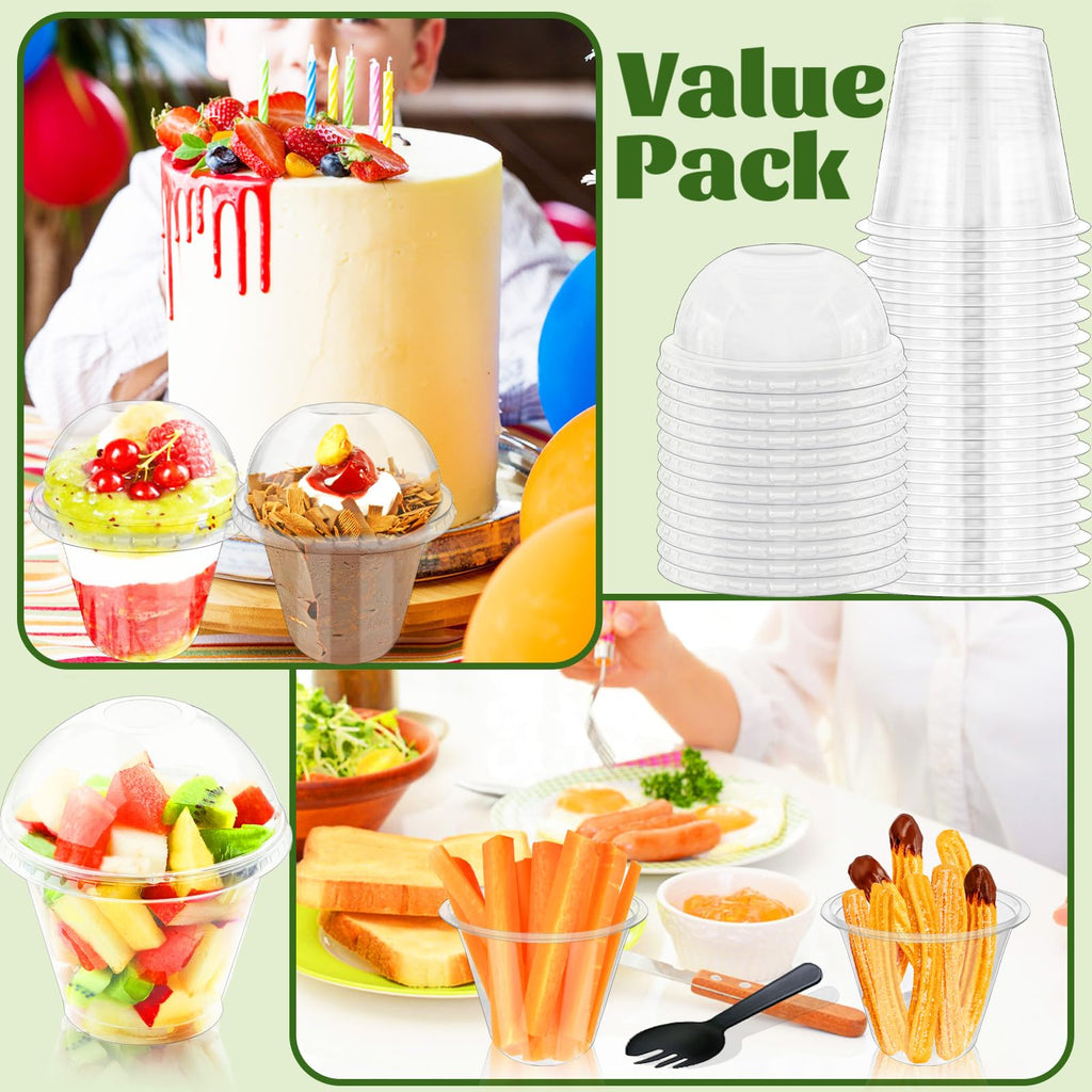 Paradi star 100Pcs 9oz Clear Plastic Cups with Dome Lids Spoons,Disposable Dessert Party Cup Take Out Containers for Parfait,Salad,Ice Cream,Cold Drink,Cupcake
