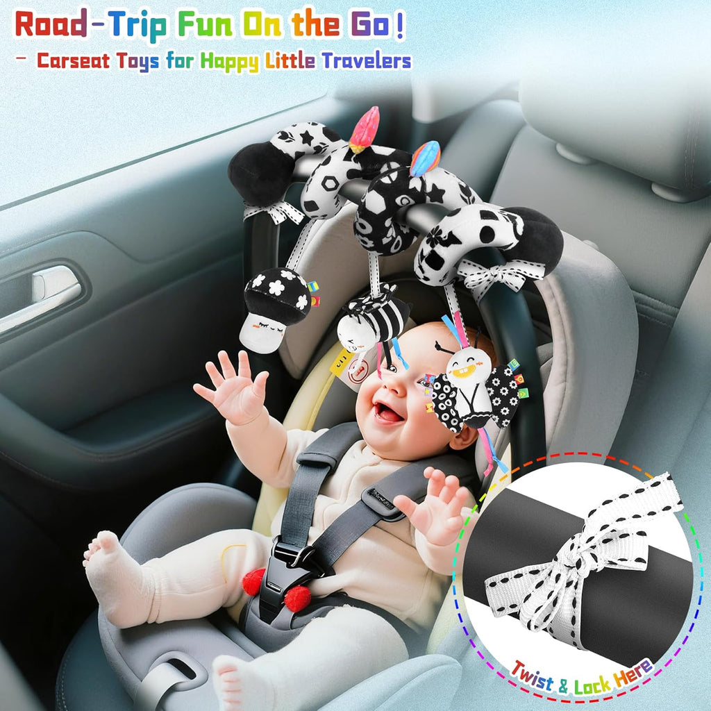 Skiennix Spiral Car Seat Toys - High Contrast Black & White Sensory Plush Toy for Babies 0-6 Months