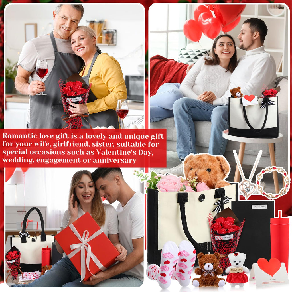 Reallnaive 9 Pcs Valentine's Day Gifts for Her, Anniversary Birthday Gifts for Wife, Gift for Women Set Includes Tumbler Artificial Flower Bouquet Keychain Necklace Bracelet Tote Bag Sock Card(Red)