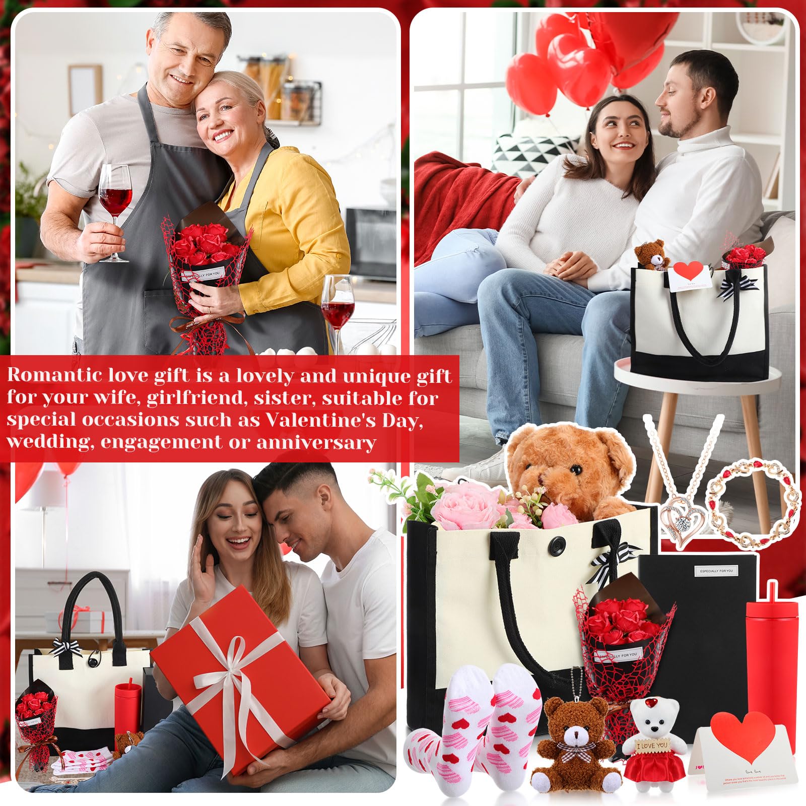 Reallnaive 9 Pcs Valentine's Day Gifts for Her, Anniversary Birthday Gifts for Wife, Gift for Women Set Includes Tumbler Artificial Flower Bouquet Keychain Necklace Bracelet Tote Bag Sock Card(Red)