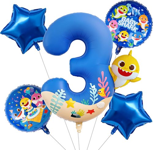 Baby Shark by PartyWoo - Blue Foil Number 3 Balloon Set | 5pcs 18-Inch Mylar for Kids' Birthday Party Decorations