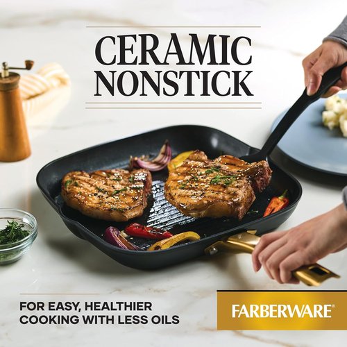 Farberware Forged Induction Ceramic Grill Pan - Nonstick, Dishwasher Safe, 11 Inch | Black and Gold