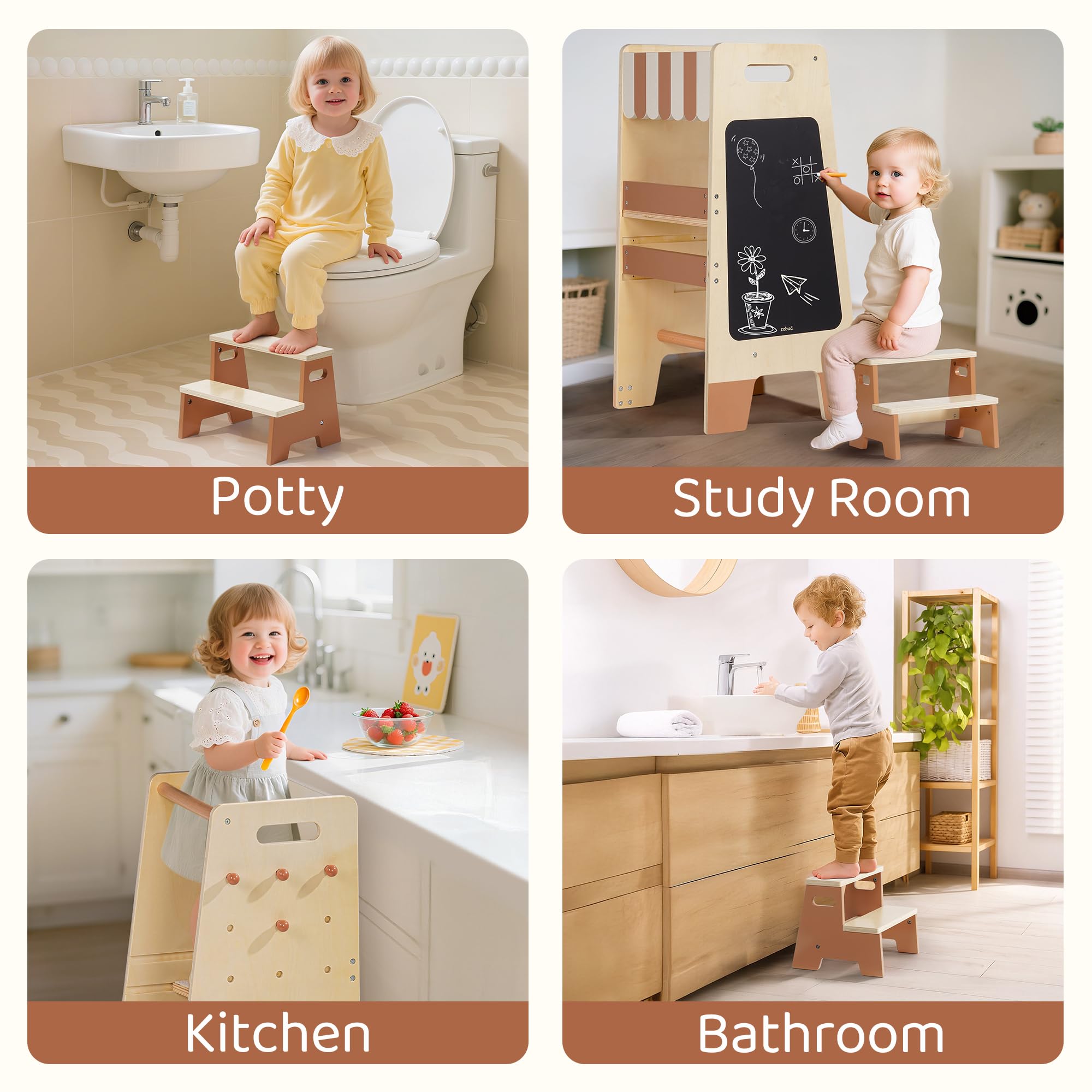 ROBOTIME Toddler Standing Tower, Learning Tower with Step Stool Set, 2-in-1 for Kids, Adjustable Height Toddler Tower for Kitchen & Bathroom, Learning Tower with Blackboard for 2 Year Old