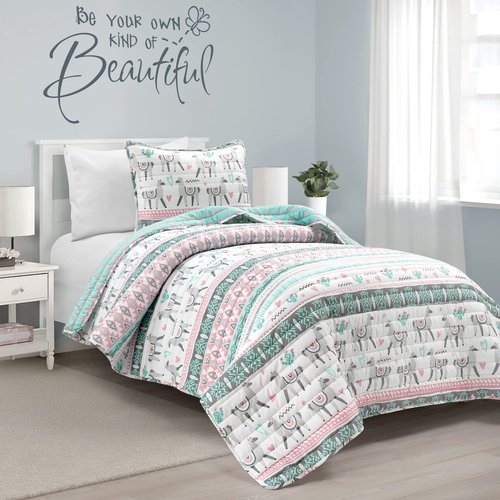 Lush Decor Boho Llama Reversible Oversized 2 Piece Quilt Set, Twin, Pink & Aqua