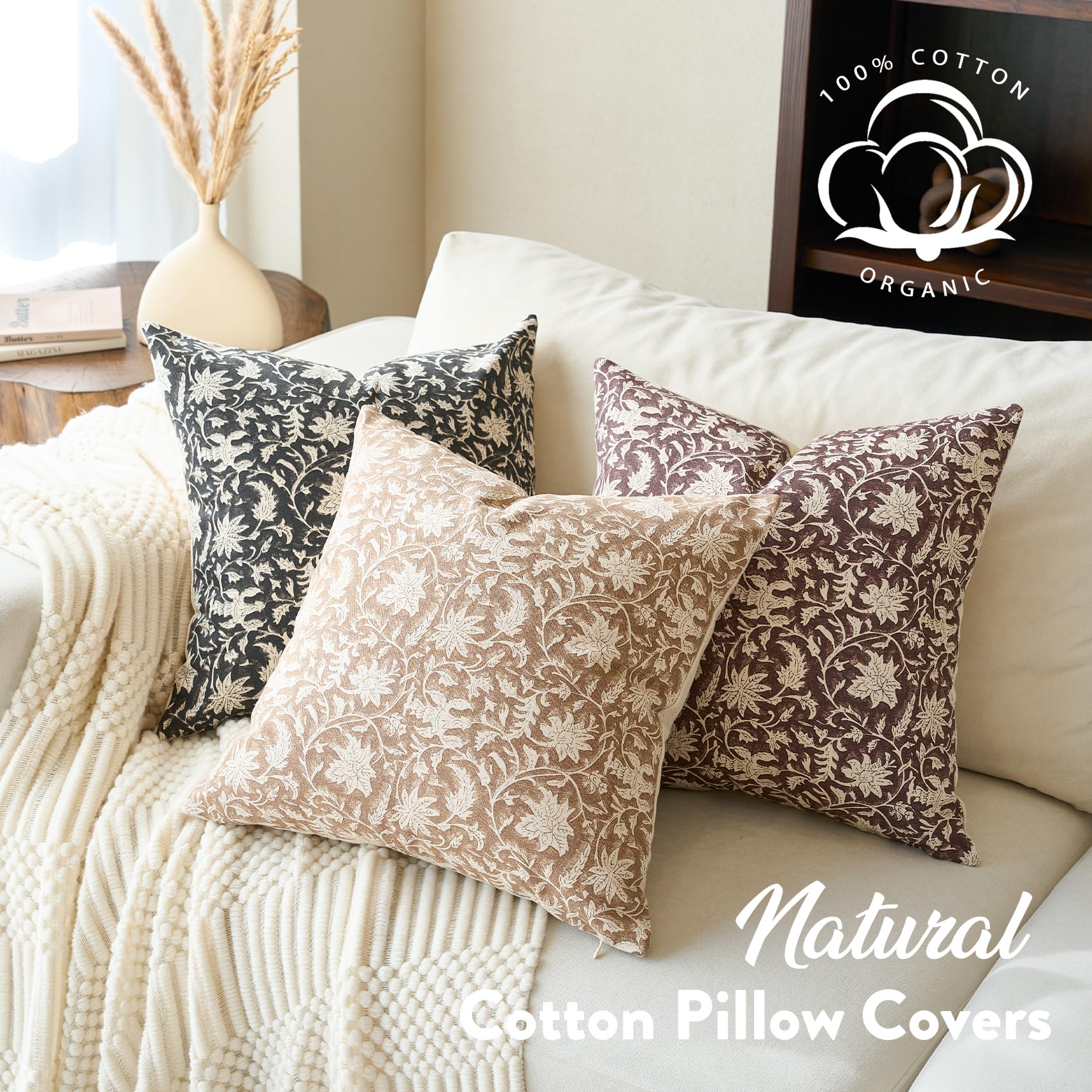 FIOUOVO Floral Throw Pillow Covers 18x18 Farmhouse Block Print Pillow Covers Decorative Pillow Covers Couch Pillows for Living Room Vintage Accent Sofa Pillows Set of 2, Neutral