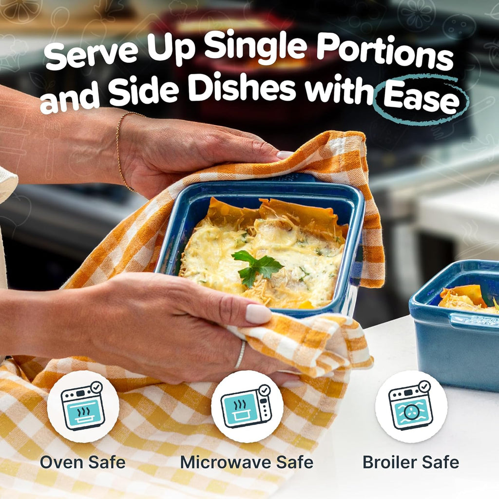 Souper Cubes Stoneware Baking Dishes - Premium Mini Ceramic Oven Dishes with Silicone Covers, Set of 2 | 5" x 5" - Blueberry