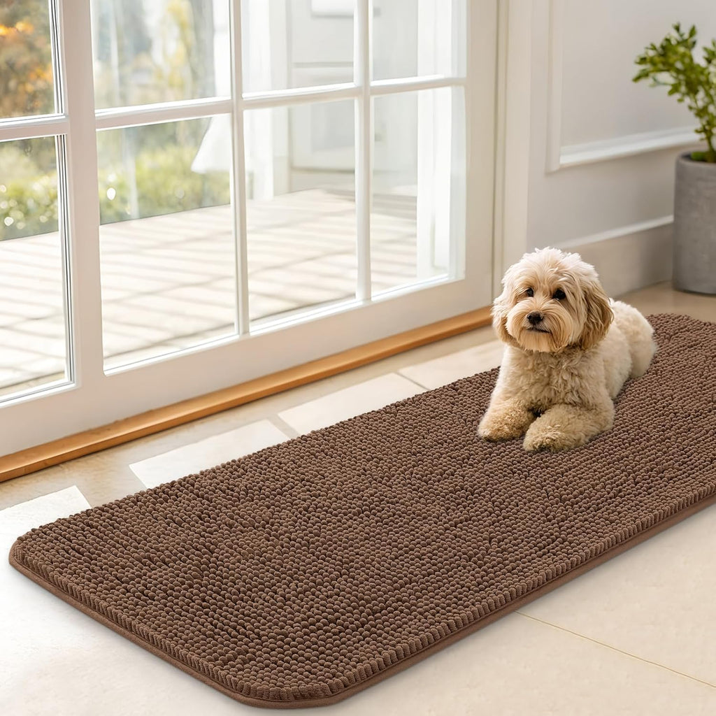 OLANLY Dog Door Mat - Absorbent Non-Slip Chenille Mat for Muddy Paws | 47x17 Mocha Indoor Carpet