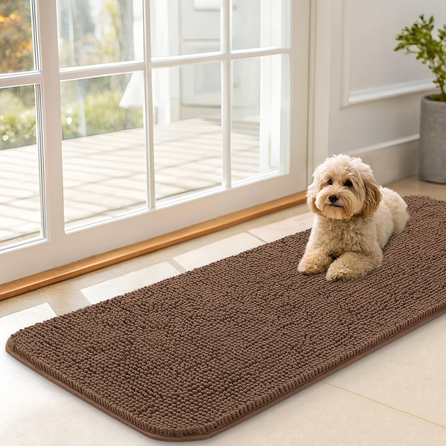 OLANLY Dog Door Mat - Absorbent Non-Slip Chenille Mat for Muddy Paws | 47x17 Mocha Indoor Carpet