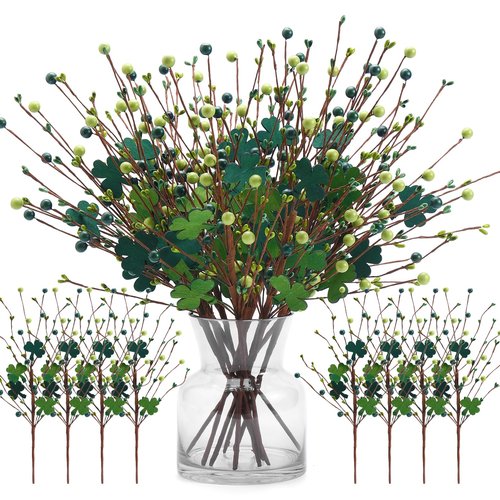 Lcuasc 8 Pack St. Patrick's Day Branches 16 Inch Artificial Shamrock Flower Picks Shamrock Berry Stems for St. Patrick's Day Home Centerpiece Decor (Green)