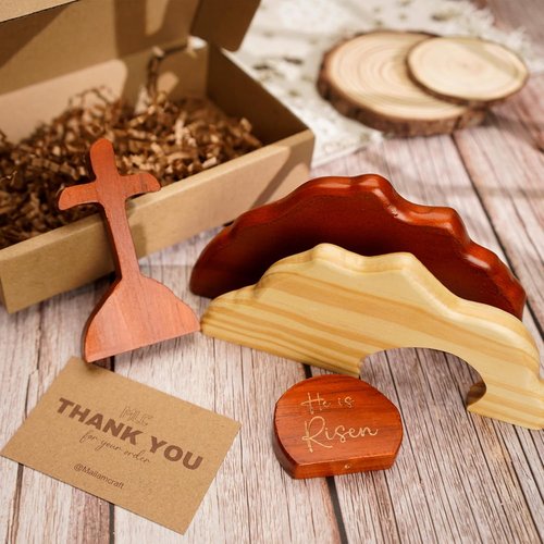He Is Risen | Empty Tomb Scene Easter Decorations - Natural Wood Christian Decor for Home & Office