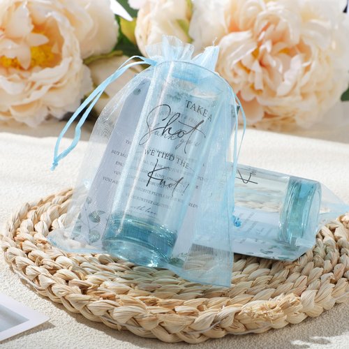 Sliner 100 Set Wedding Favors for Guests Bulk 2oz Acrylic Take a Shot We Tied the Knot Shot Glasses with Thank You Cards Organza Bags for Guest Souvenirs Wedding Newlyweds Bridal Shower Gifts (Blue)