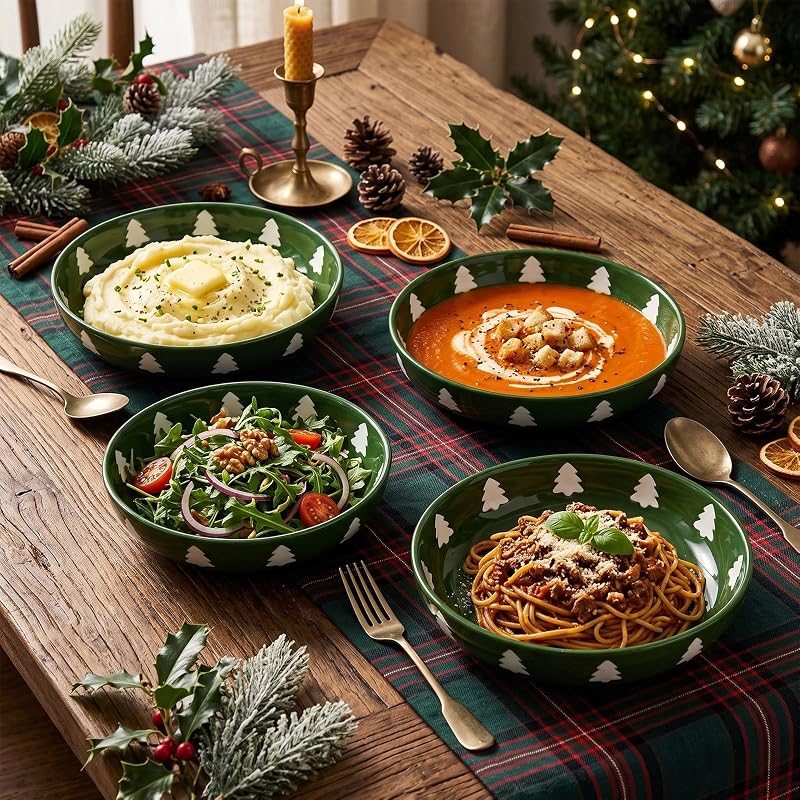 Christmas Tree Ceramic Pasta Bowls Set of 4 – Green with White Tree Pattern, 40 oz
