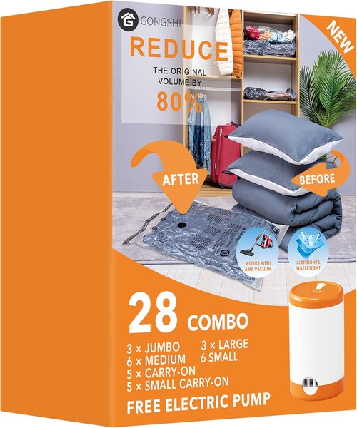 GONGSHI Vacuum Seal Bags - Space-Saving Storage for Clothes & Bedding | 28-Piece Set with Electric Pump