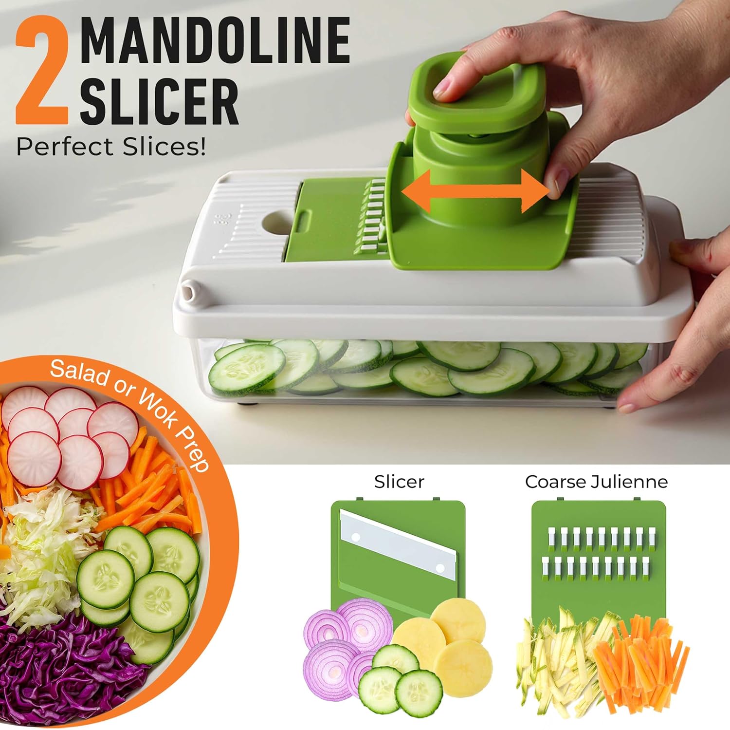 Mueller Vegetable Chopper - Mandoline Slicer & Cheese Grater with Container | White Sand/Green
