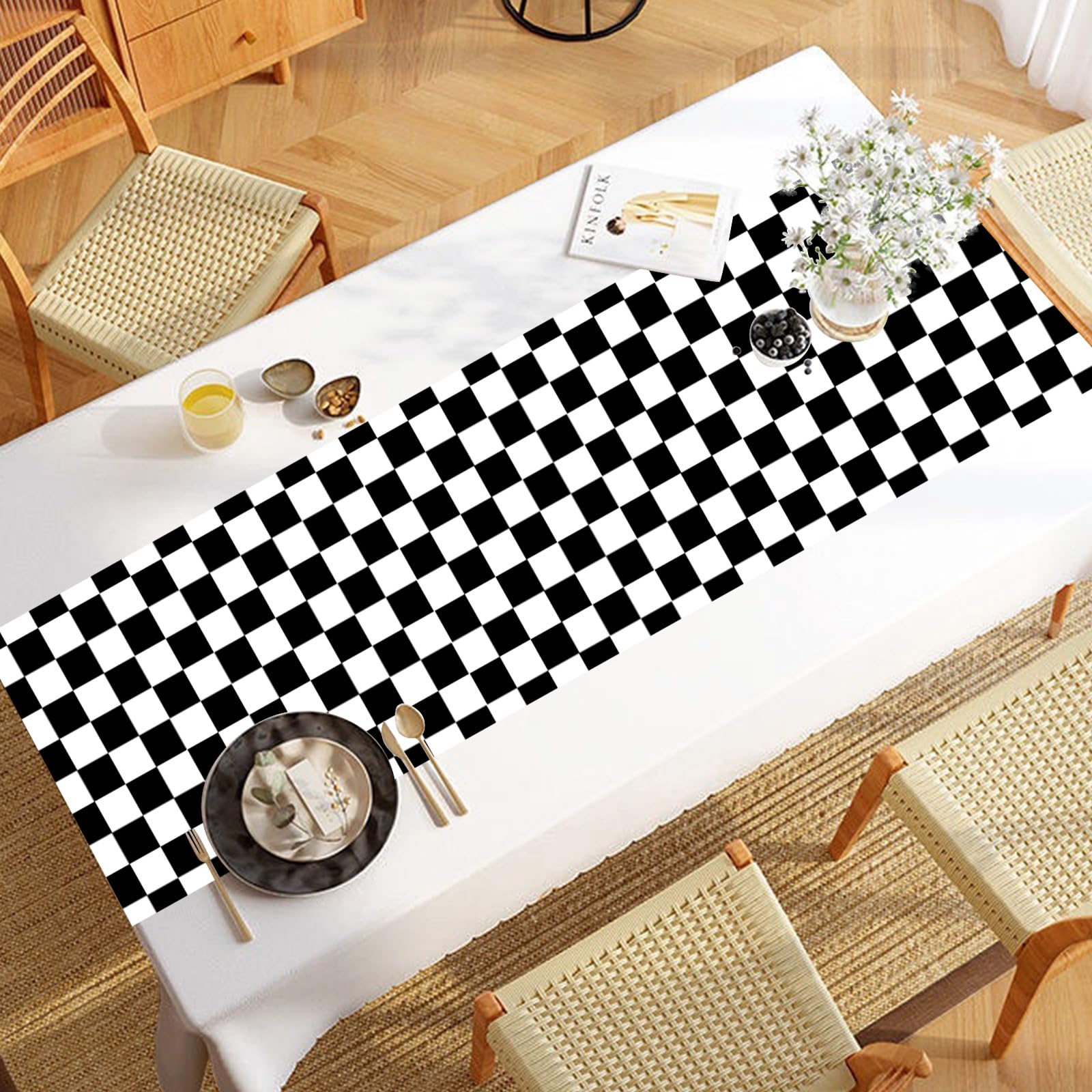 Plastic Checkered Table Runner, 14" x 108" Black & White Checkered Table Cloths, 6 Pcs Racetrack Road Table Runner for Birthday Racing Theme Party