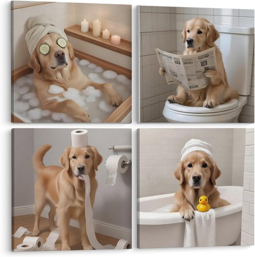 LUKIPOM Golden Retriever Bathroom Wall Art - Humorous Canvas Prints Set of 4 | 8x8 Decor for Washroom