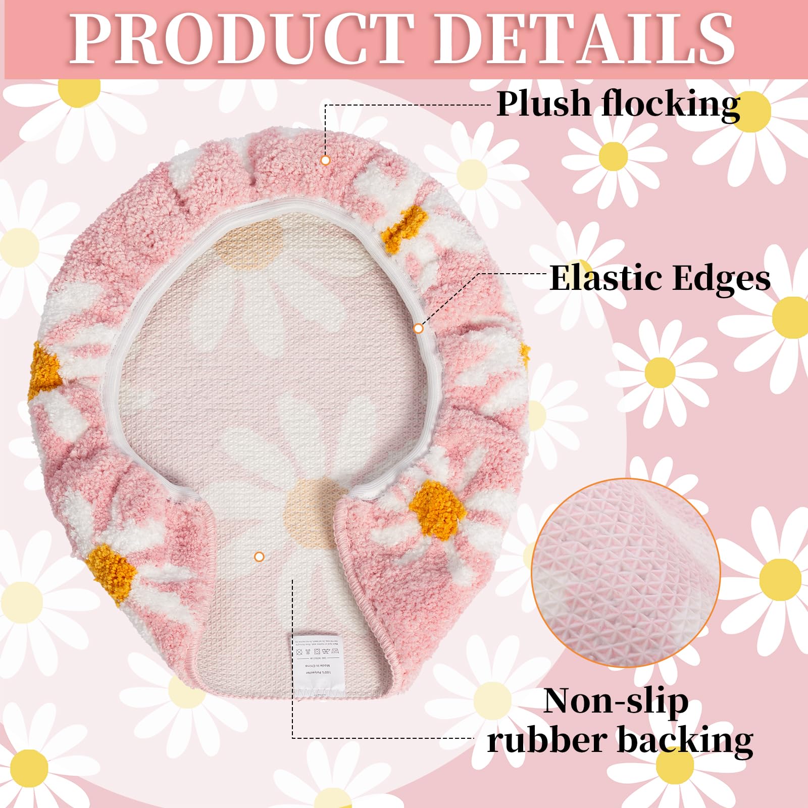 Pink Flower Bathroom Toilet lid, Cute Daisy Toilet lid Cover, Machine Washable, Beautiful and Soft Bathroom Decoration Suitable for Most Round, Oval and Long Toilet Seats (Pink)