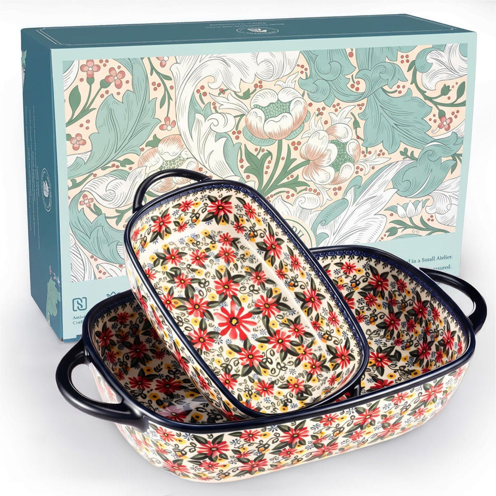 Polish Pottery Style Ceramic Baking Dish Set, 2-Piece Large & Small Casserole Bakers for 2–3 People, Floral Oven-to-Table Bakeware, Microwave & Dishwasher Safe, Gift-Ready with Protective Packaging