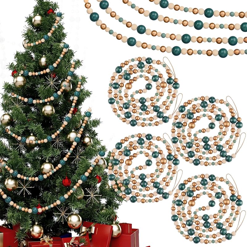 Sage Green & Natural 4 Pcs Wood Bead Garland 28.8 ft – Farmhouse Christmas Decor (Variation: Sage Green, Natural)