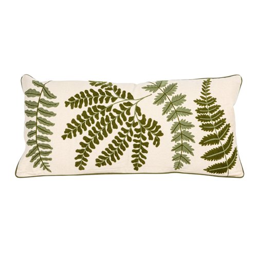 Creative Co-Op White Rectangle Cotton Pillow with Embroidered Green Ferns