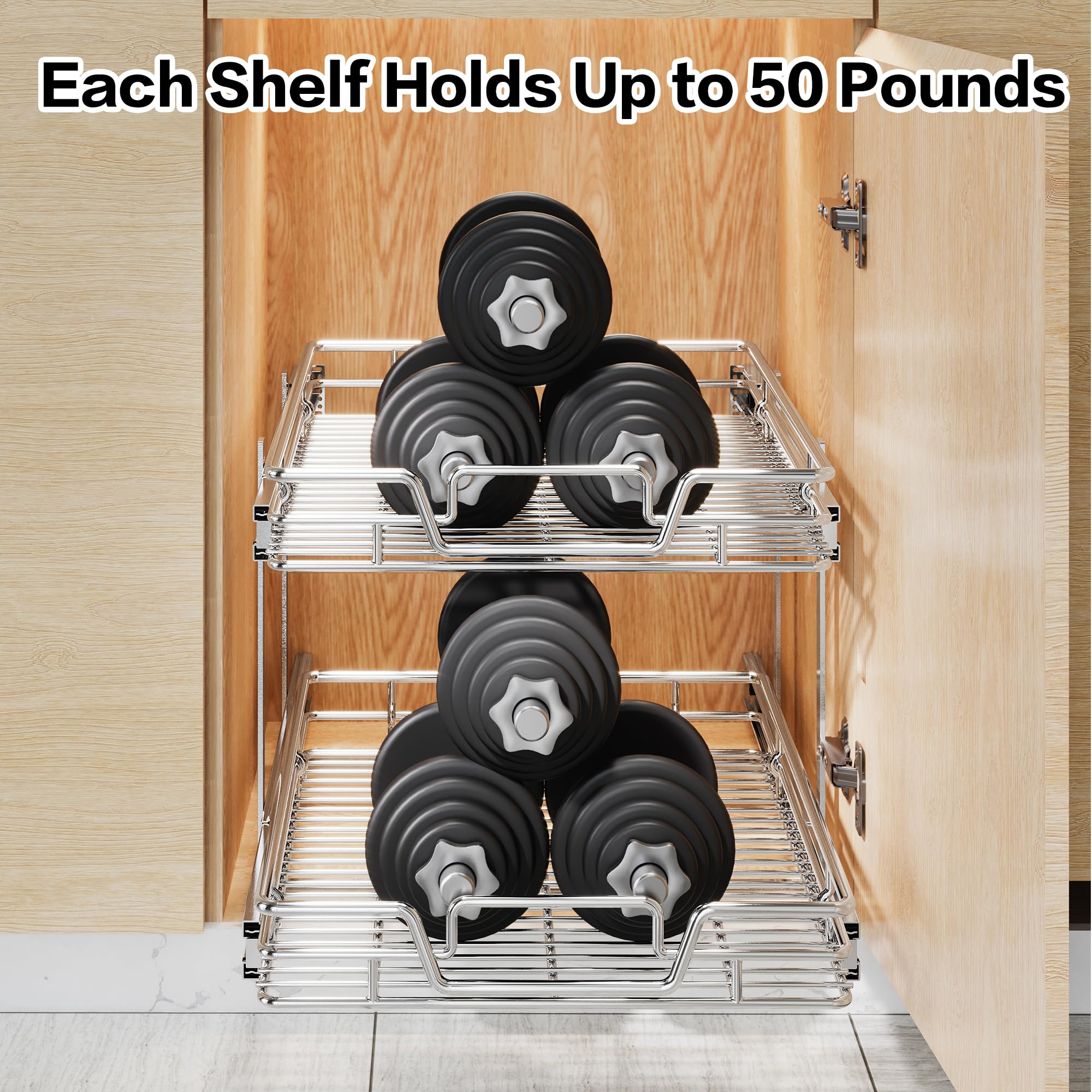 QUYUWU 2-Tier Kitchen Cabinet Pull Out Cabinet Organizer,Shelf and Drawer Organizer Slide Out Pantry Storaqe Basket in Multiple Sizes (17" W x 21" D)