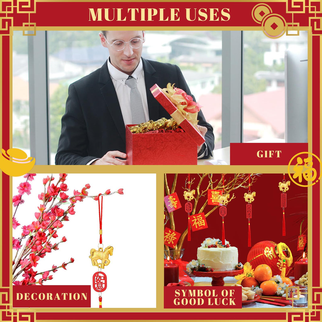 Geosar 12 Pcs Chinese New Year Decorations 2026 Year of The Horse Lucky Charm Lunar Red Hanging Ornaments Feng Shui Tassel Knot Wealth Good Luck for Home, Office, Car, Trees Decor(Horse Style)