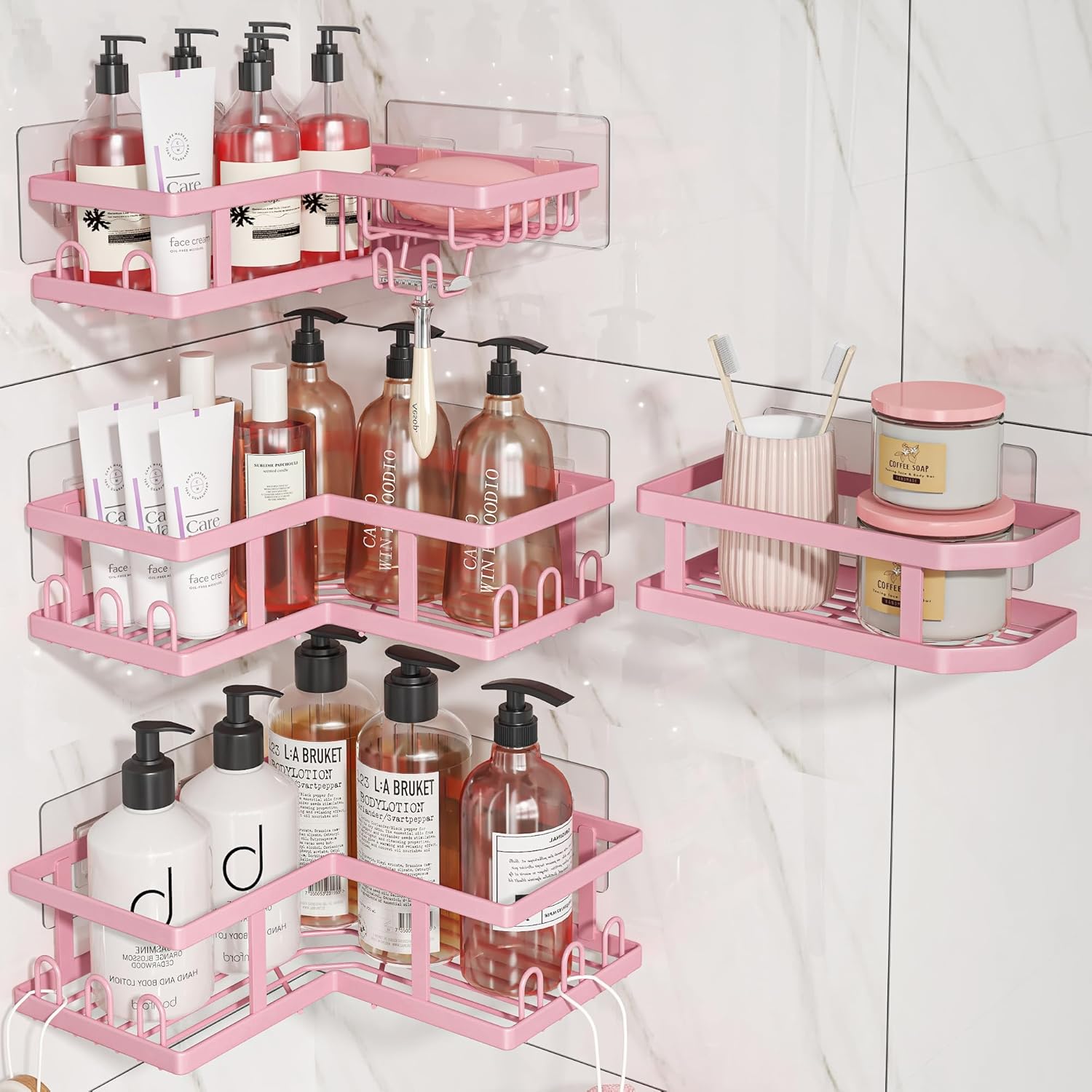 Youvip 4-Pack Adhesive Corner Shower Caddy - Rustproof Wall-Mounted Organizer for Bathroom & Kitchen | Pink