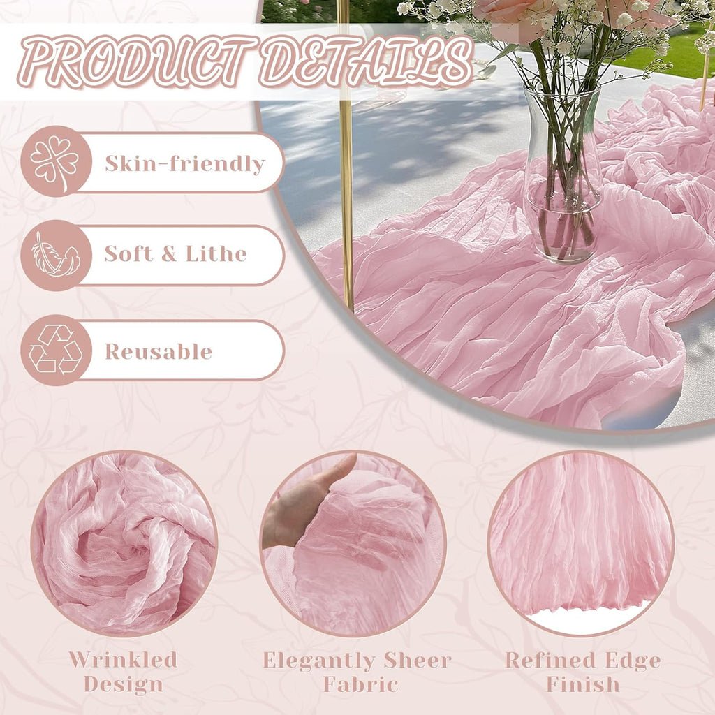 Skiennix Pink Cheesecloth Table Runner - 10Ft Boho Gauze Design for Weddings & Events | 120 Inches Long