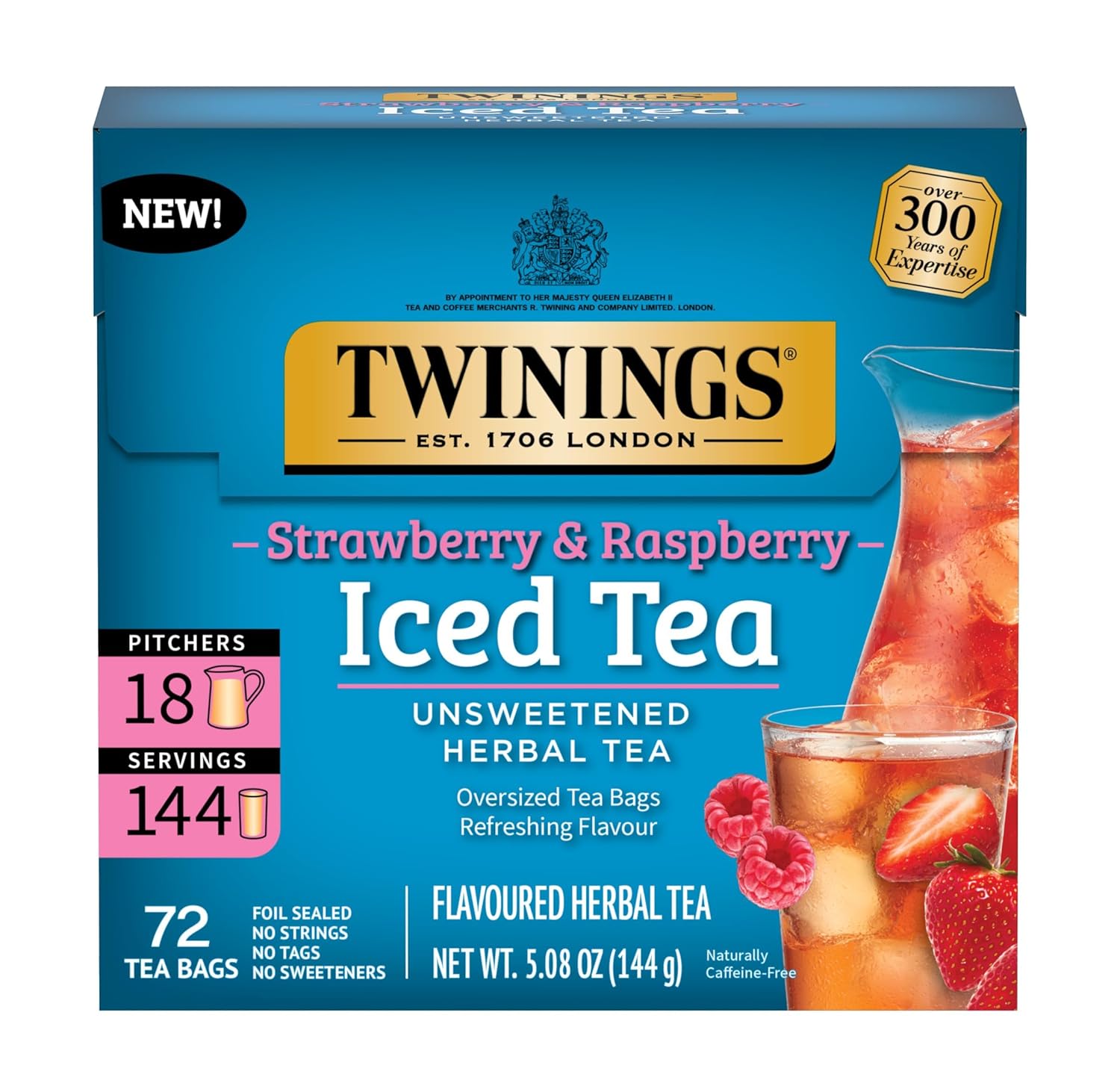 Twinings Strawberry & Raspberry Herbal Iced Tea - 72 Oversized Tea Bags | Unsweetened & Caffeine-Free