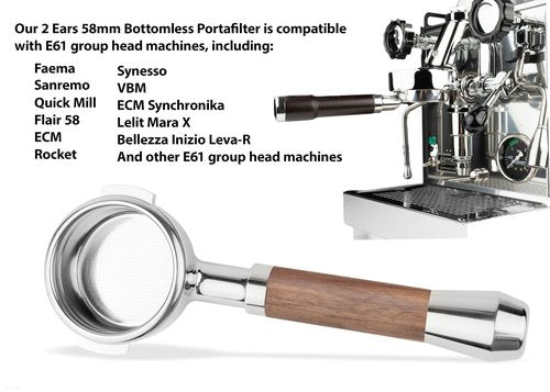 LILQ 58mm Bottomless Naked 2 Ears Portafilter Compatible with E61 Grouphead Machines– Includes 18–20g Basket (WalnutV2Fusion, 58mm For E61)