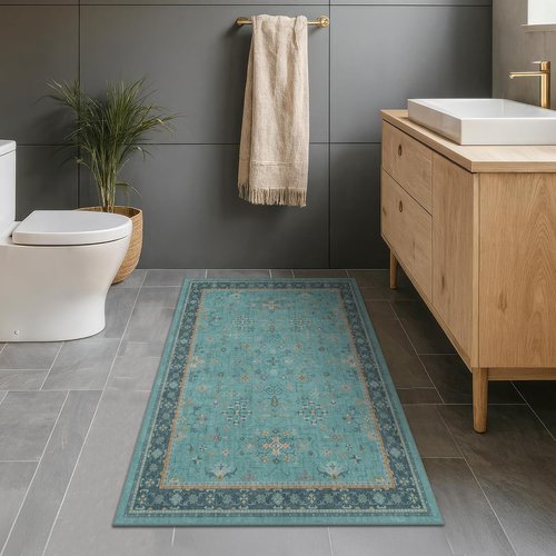 Hazo Haus Teal Non-Slip Kitchen Rug | Washable 3x6 Vintage Floral Indoor Runner