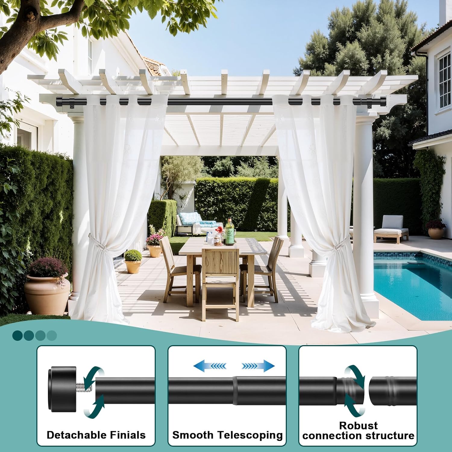 Skiennix Heavy Duty Adjustable Curtain Rod - 72-144 Inch Black Window Treatment, Modern Design