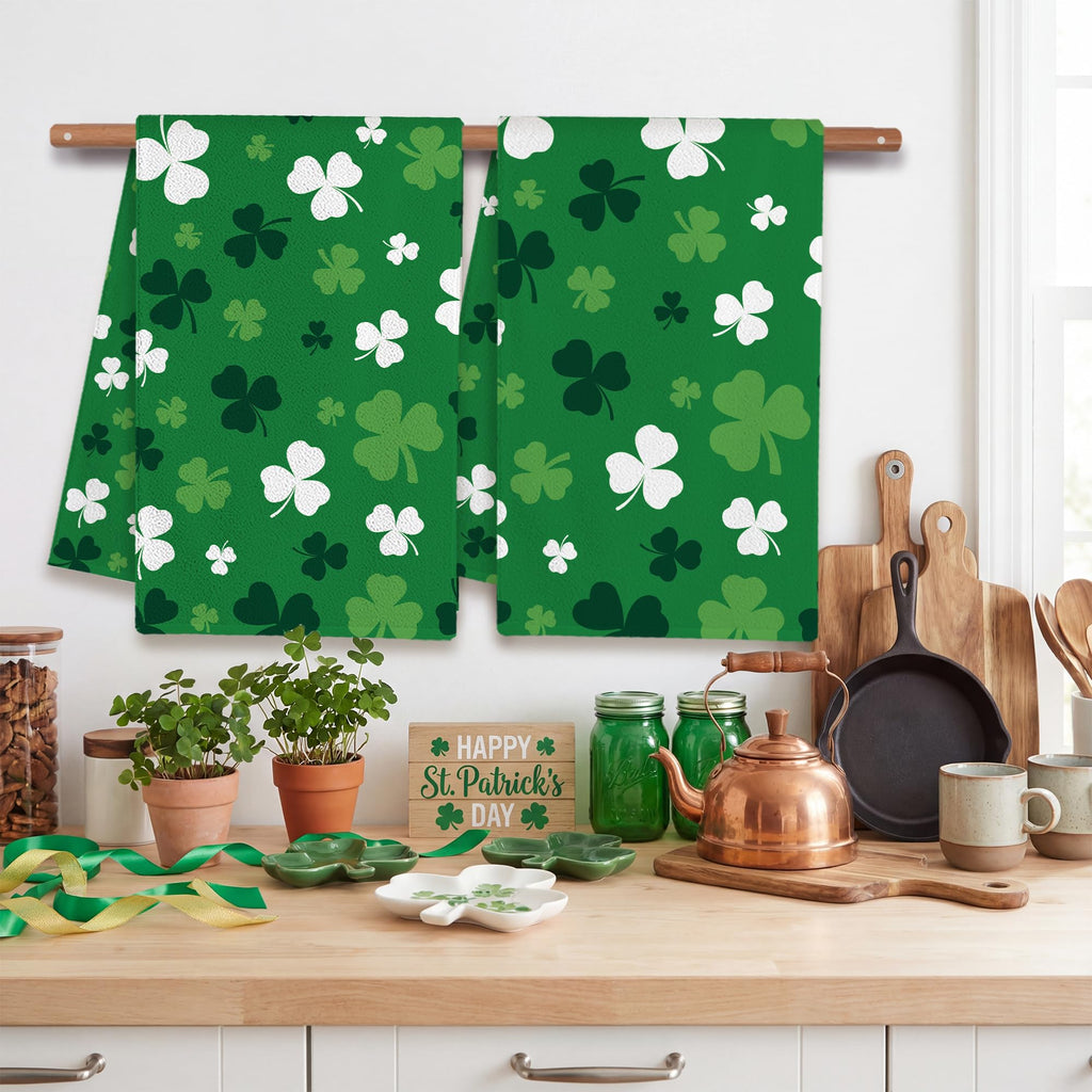FUTBU St. Patrick's Kitchen Towels, Green Clover Shamrock Dish Towels Set of 2 for Bathroom Decorations, 18x26 Inch Farmhouse Holiday Spring Decoration