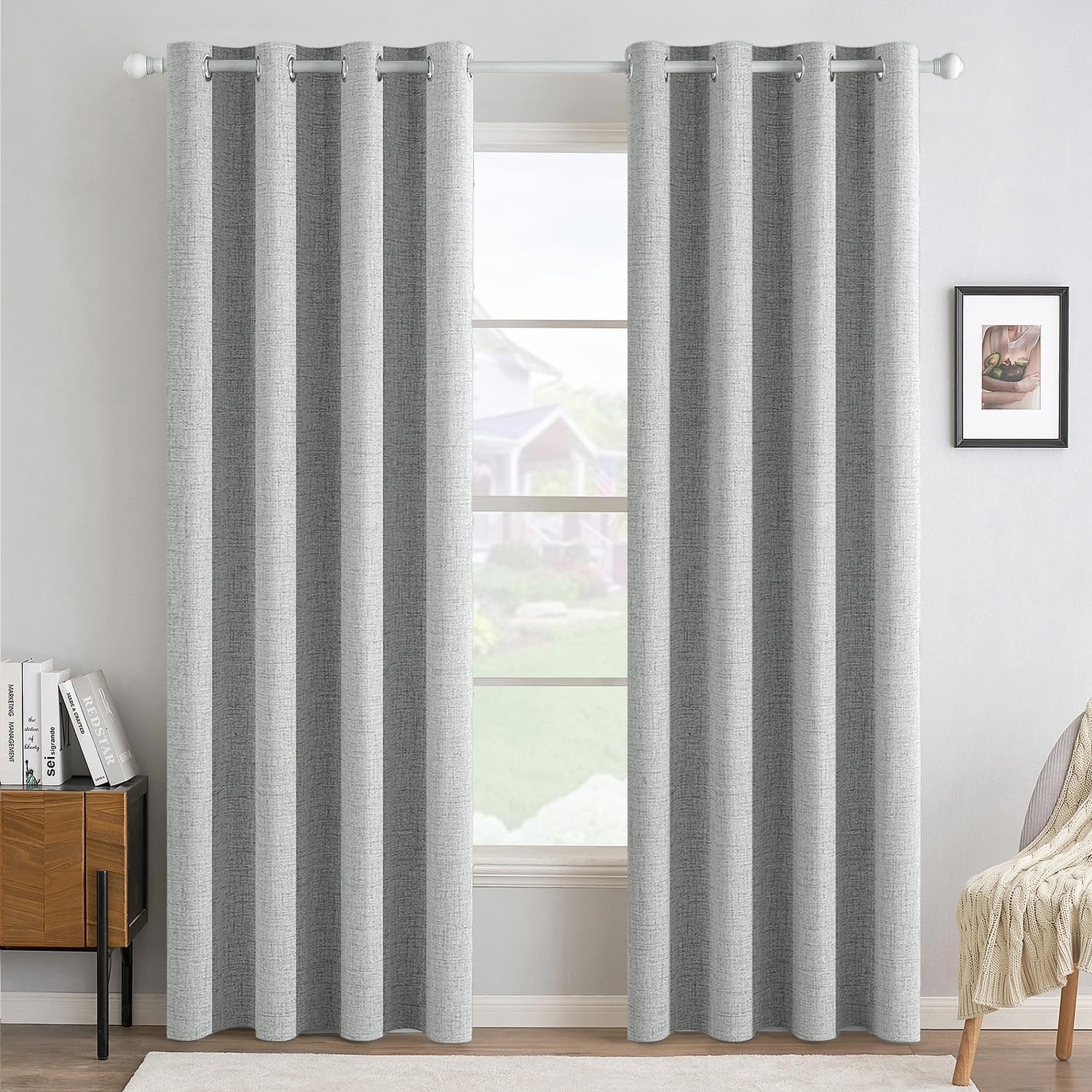 MIULEE Blackout Linen Curtains - 100% Thermal Insulated Grommet Drapes | Glacier Gray, 52 x 90 Inch (2 Panels)