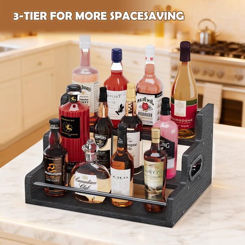 Liquor Bottle Display Shelf, LED Wine Bottle Display Rack with Remote Control, 3-Tier Bar Shelf Stand, Whiskey Spirits Wine Holder for Tavern, Liquor Cabinet, Coffee Syrup Rack for Home(Black)