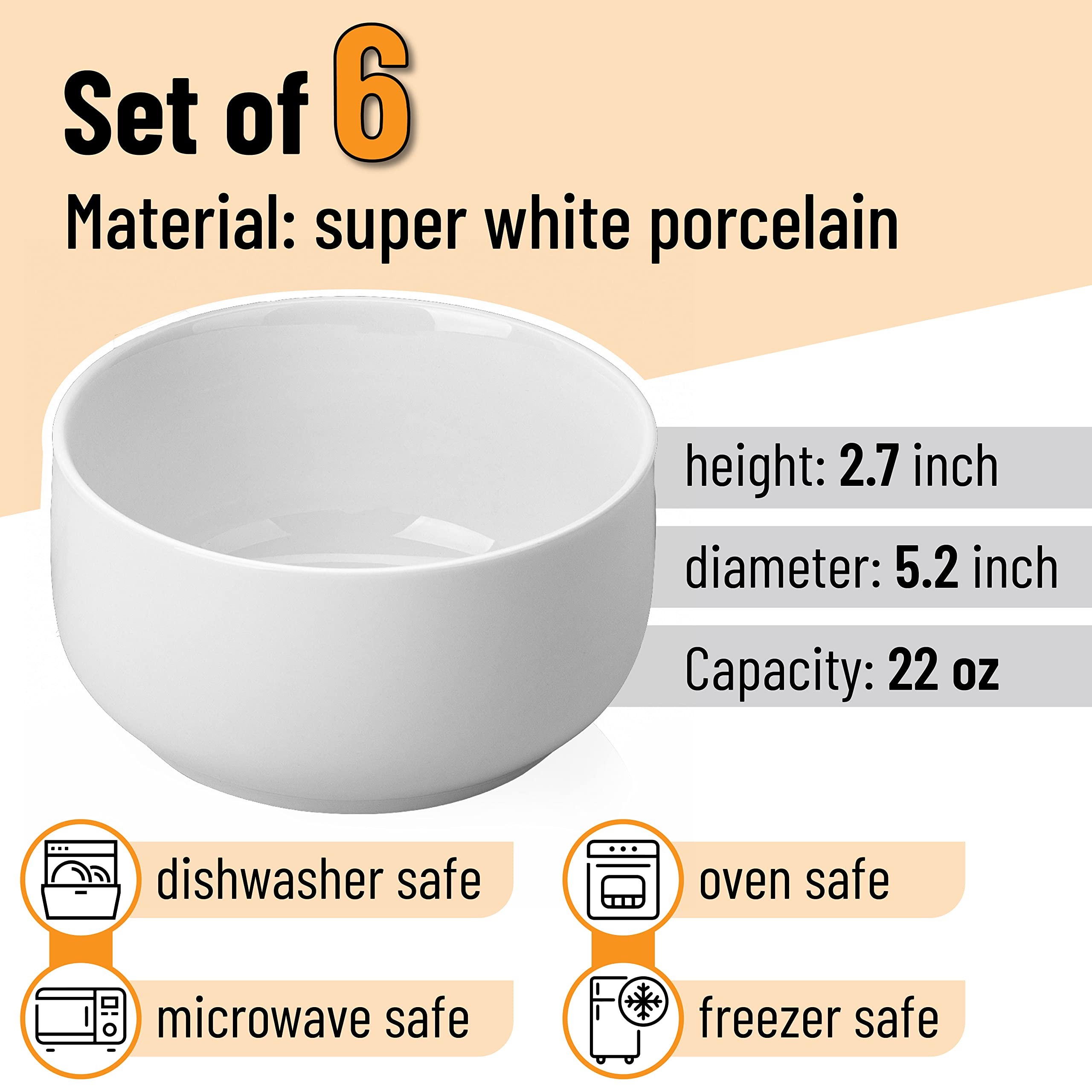 BTaT- White Cereal Bowls, Set of 6, 22 Ounces and Porcelain White Dinner Plates, Set of 6, 10.6 inch