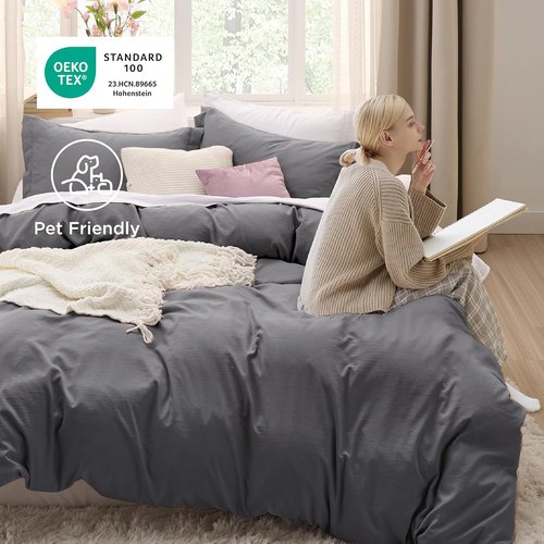 Bedsure Charcoal Grey Duvet Cover Set - Soft 3-Piece Queen Size with Zipper Closure | 90x90 Inches